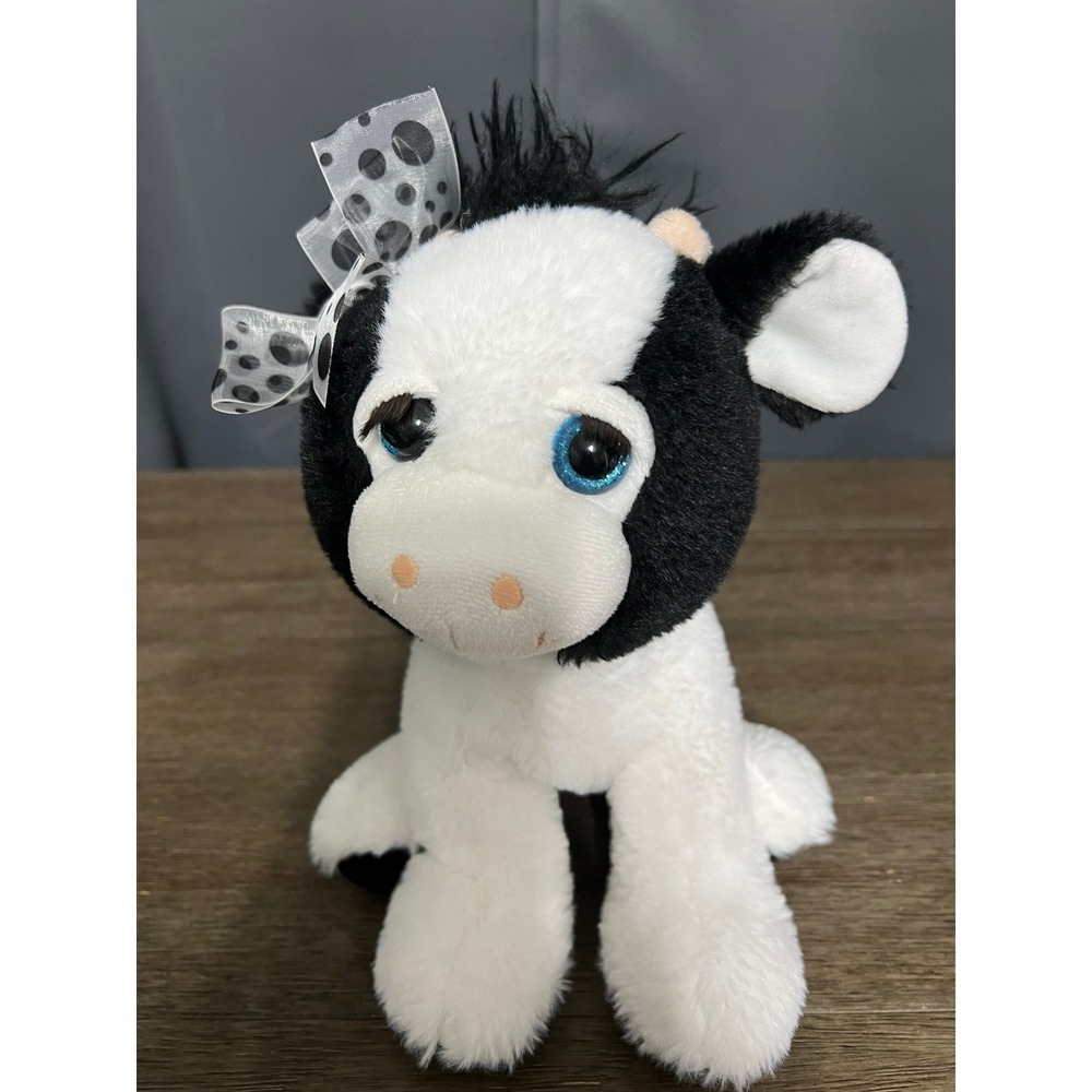 The Petting Zoo Cow Plush Black White Spotted Blue Glitter Eyes Polka Dot Bow 8"